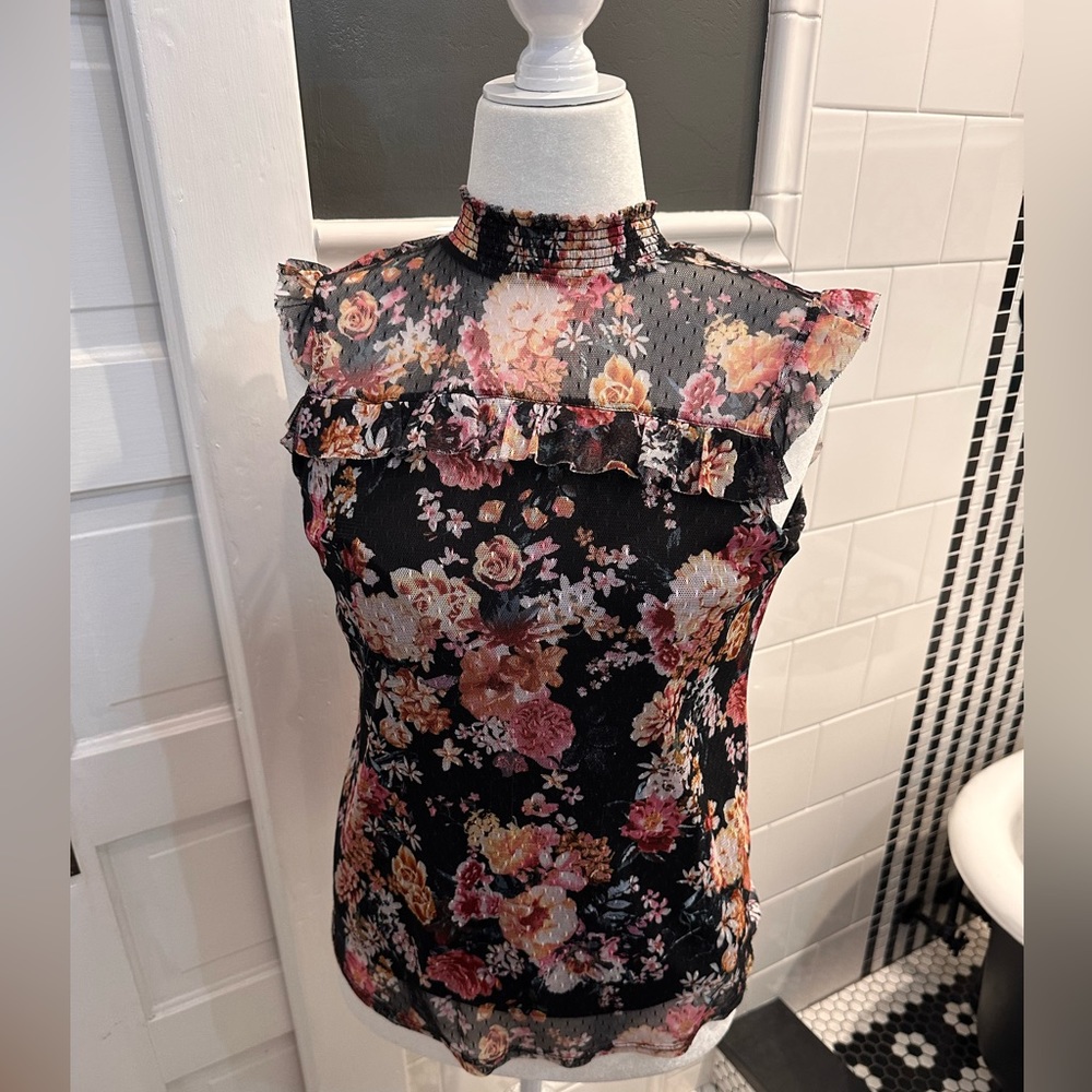 NO boundaries black sheer floral sleeveless top with ruffle sleeves Swiss dot
